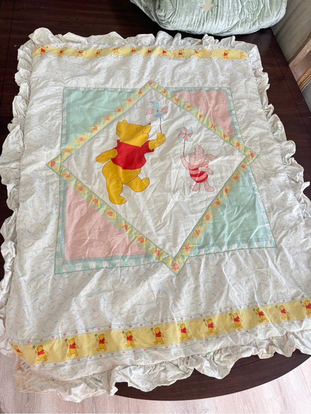 Vintage 90s disney Winnie the Pooh baby quilt blanket nursery decor ruffle y2k
